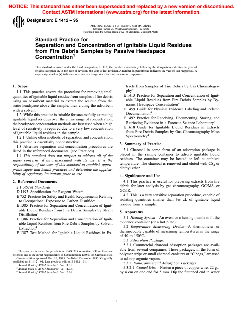 ASTM E1412-95 - Standard Practice for Separation of Ignitable Liquid Residues from Fire Debris Samples by Passive Headspace Concentration With Activated Charcoal