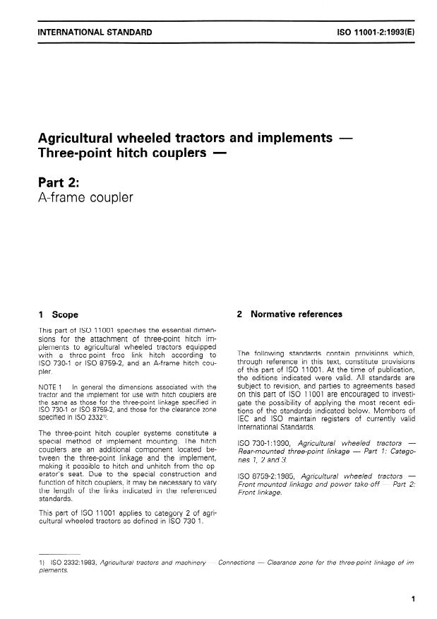 ISO 11001-2:1993 - Agricultural wheeled tractors and implements -- Three-point hitch couplers
