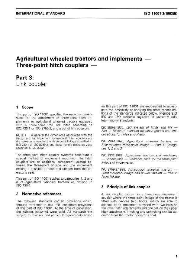 ISO 11001-3:1993 - Agricultural wheeled tractors and implements -- Three-point hitch couplers