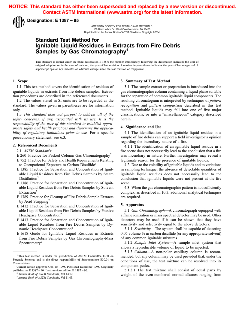 ASTM E1387-95 - Standard Test Method for Ignitable Liquid Residues in Extracts from Fire Debris Samples by Gas Chromatography