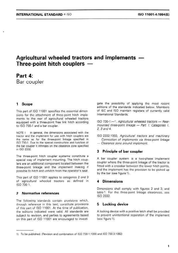 ISO 11001-4:1994 - Agricultural wheeled tractors and implements -- Three-point hitch couplers