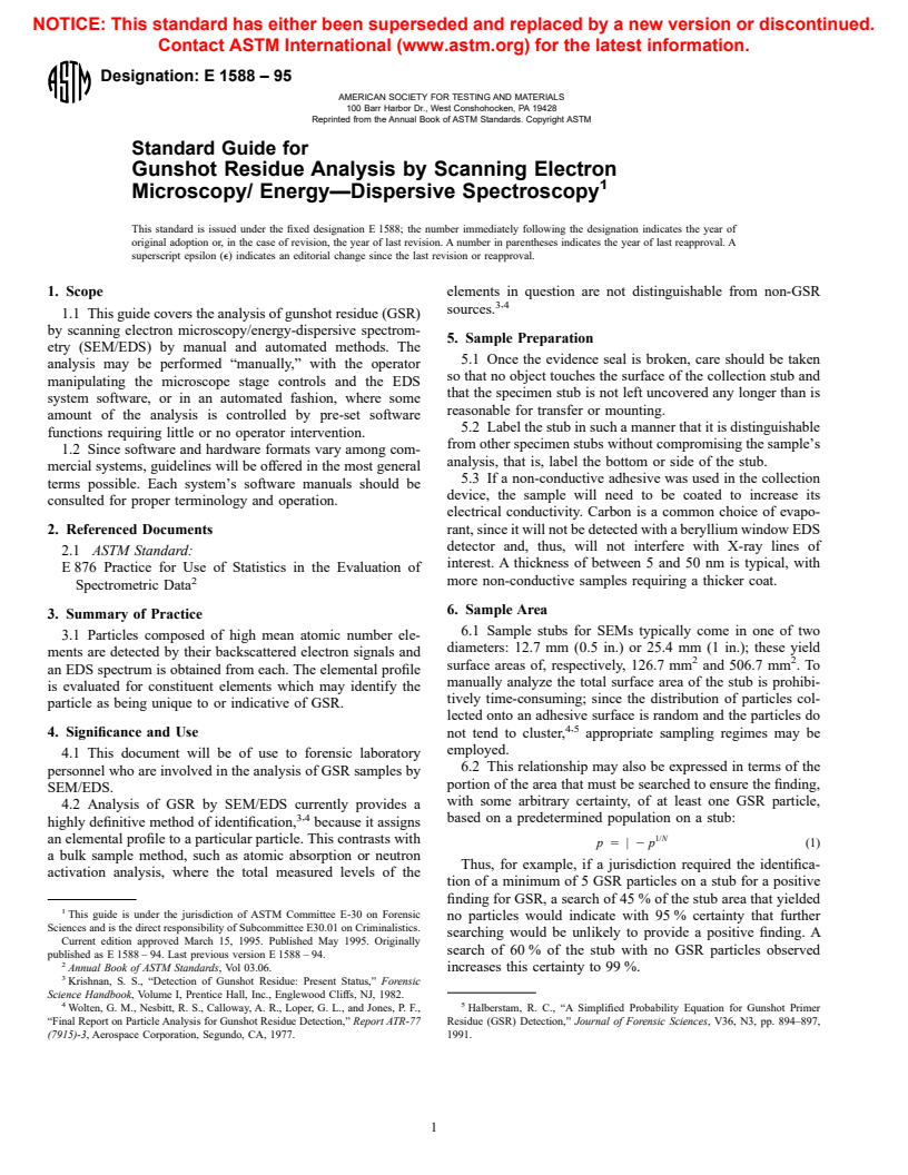 ASTM E1588-95 - Standard Guide for Gunshot Residue Analysis by Scanning Electron Microscopy/ Energy-Dispersive Spectroscopy