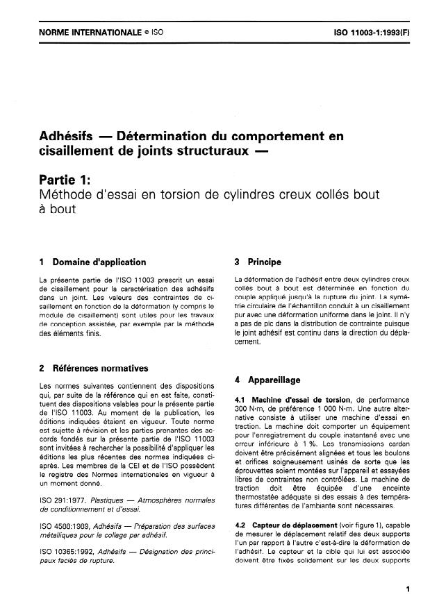 ISO 11003-1:1993 - Adhésifs -- Détermination du comportement en cisaillement de joints structuraux