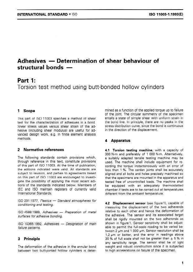 ISO 11003-1:1993 - Adhesives -- Determination of shear behaviour of structural bonds