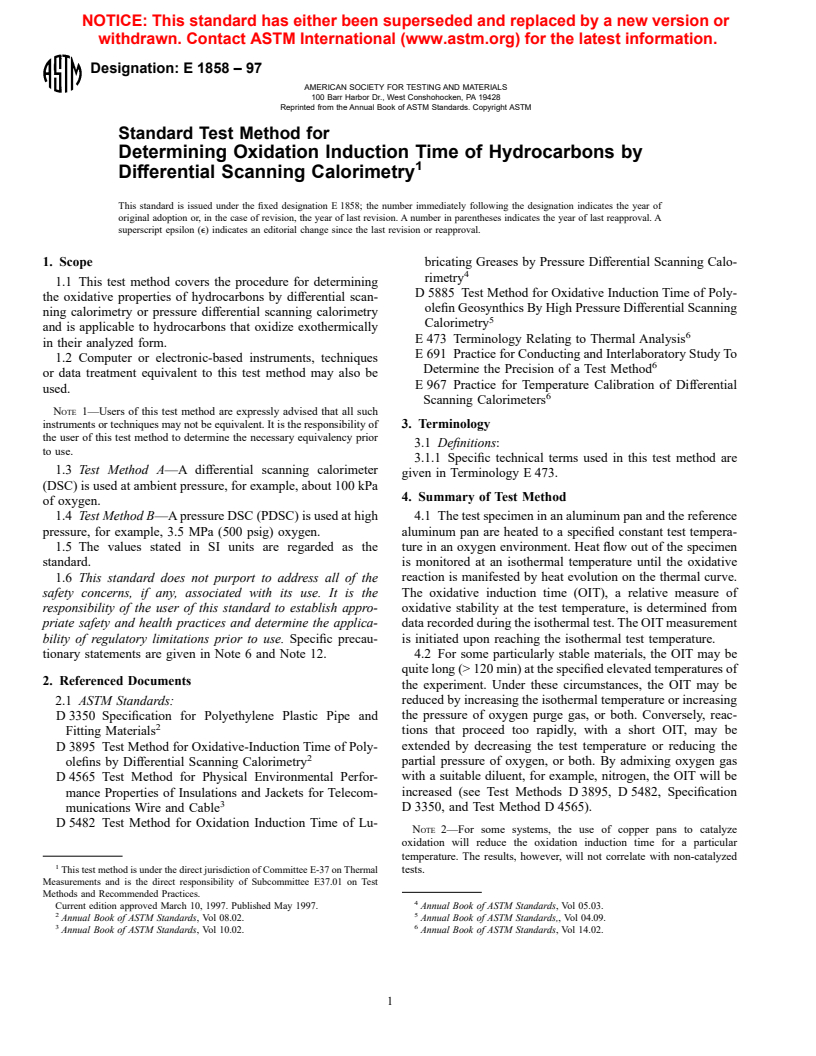 ASTM E1858-97 - Standard Test Method for Determining Oxidation Induction Time of Hydrocarbons by Differential Scanning Calirometry