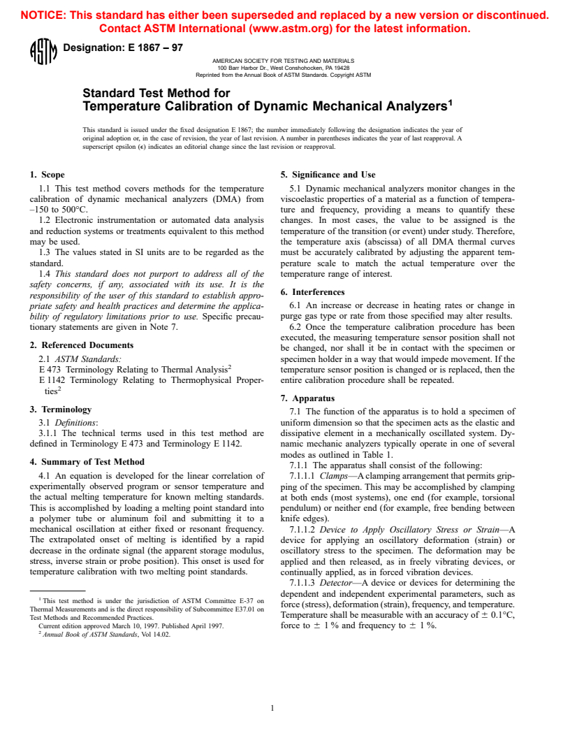 ASTM E1867-97 - Standard Test Method for Temperature Calibration of Dynamic Mechanical Analyzers