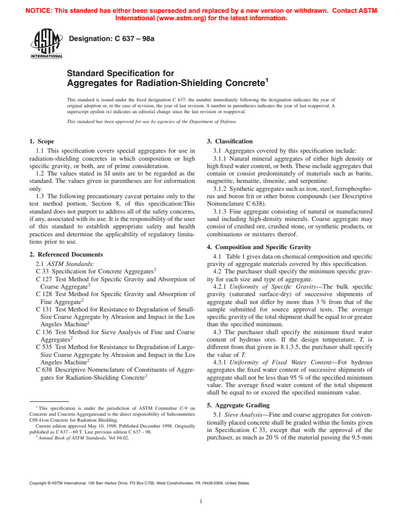 ASTM C637-98a - Standard Specification for Aggregates for Radiation-Shielding Concrete