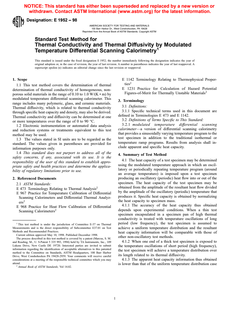 ASTM E1952-98 - Standard Test Method for Thermal Conductivity and Thermal Diffusivity by Modulated Temperature Differential Scanning Calorimetry