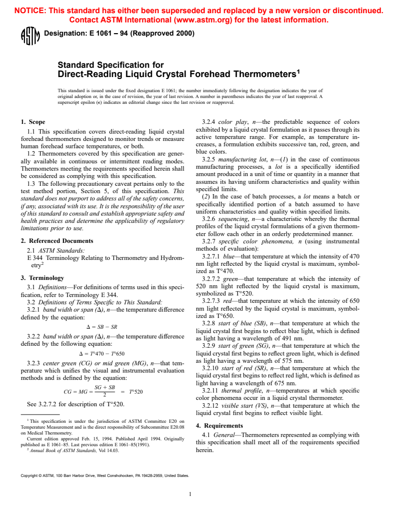 ASTM E1061-94(2000) - Standard Specification for Direct-Reading Liquid Crystal Forehead Thermometers