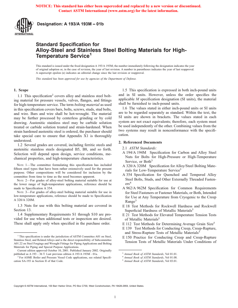 ASTM A193/A193M-01b - Standard Specification for Alloy-Steel and Stainless Steel Bolting Materials for High-Temperature Service