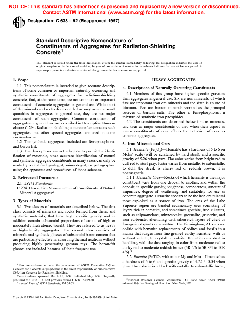 ASTM C638-92(1997) - Standard Descriptive Nonmenclature of Constituents of Aggregates for Radiation-Shielding Concrete