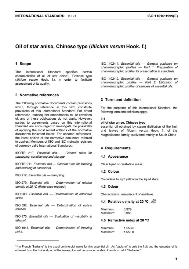 ISO 11016:1999 - Oil of star anise, Chinese type (Illicium verum Hook. f.)