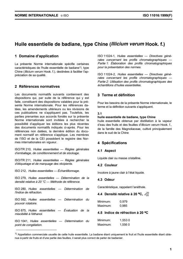 ISO 11016:1999 - Huile essentielle de badiane, type Chine (Illicium verum Hook. f.)