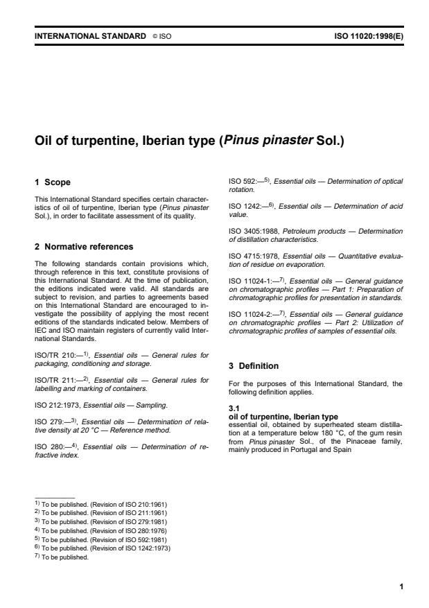 ISO 11020:1998 - Oil of turpentine, Iberian type (Pinus pinaster Sol.)