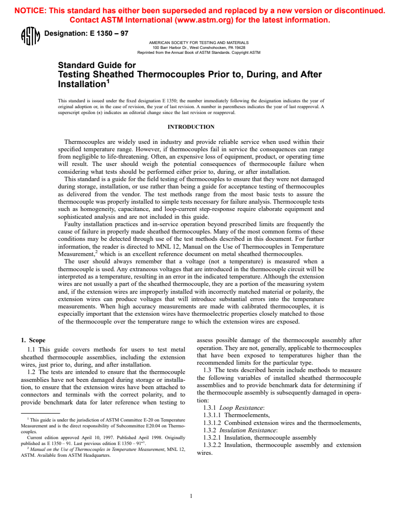 ASTM E1350-97 - Standard Test Methods for Testing Sheathed Thermocouples Prior to, During, and After Installation