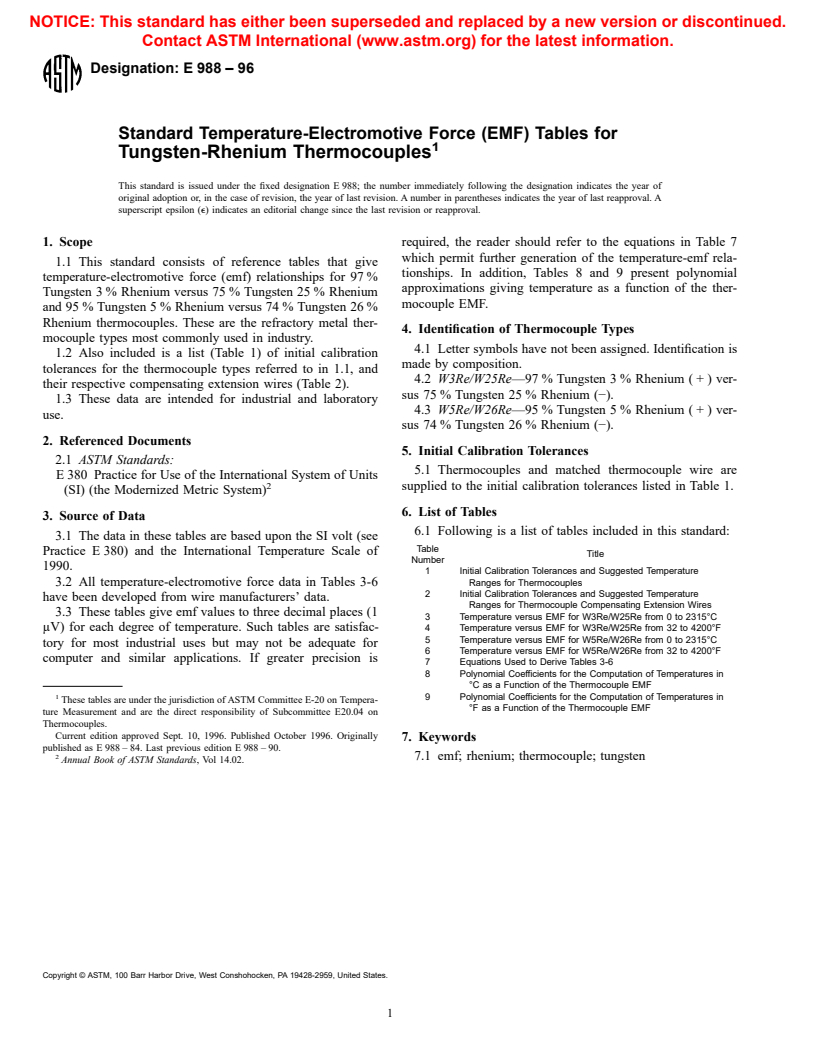 ASTM E988-96 - Standard Temperature-Electromotive Force (EMF) Tables for Tungsten-Rhenium Thermocouples