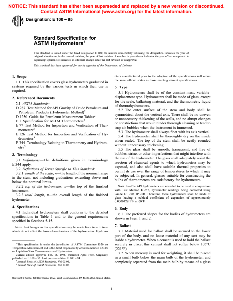 ASTM E100-95 - Standard Specification for ASTM Hydrometers