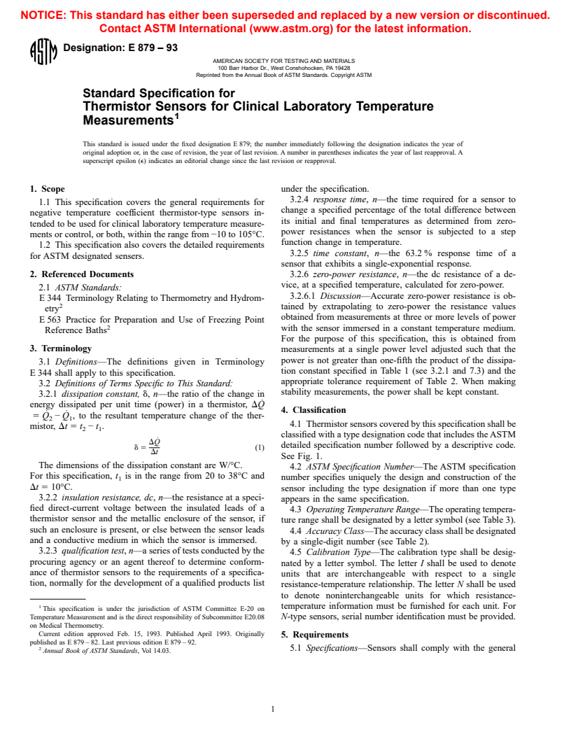 ASTM E879-93 - Standard Specification for Thermistor Sensors for Clinical Laboratory Temperature Measurements