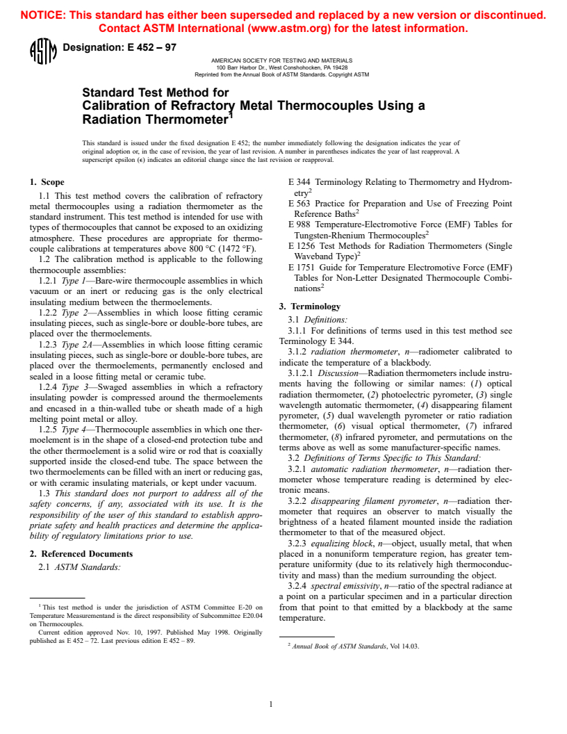 ASTM E452-97 - Standard Test Method for Calibration of Refractory Metal Thermocouples Using a Radiation Thermometer