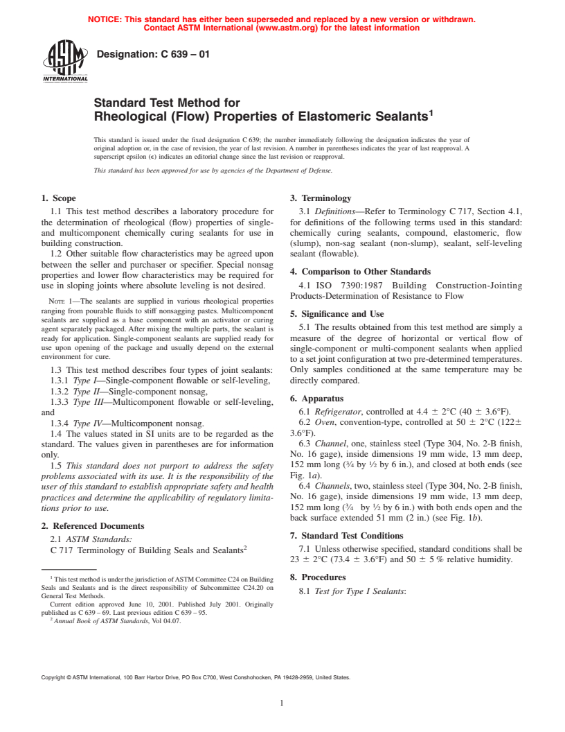 ASTM C639-01 - Standard Test Method for Rheological (Flow) Properties of Elastomeric Sealants