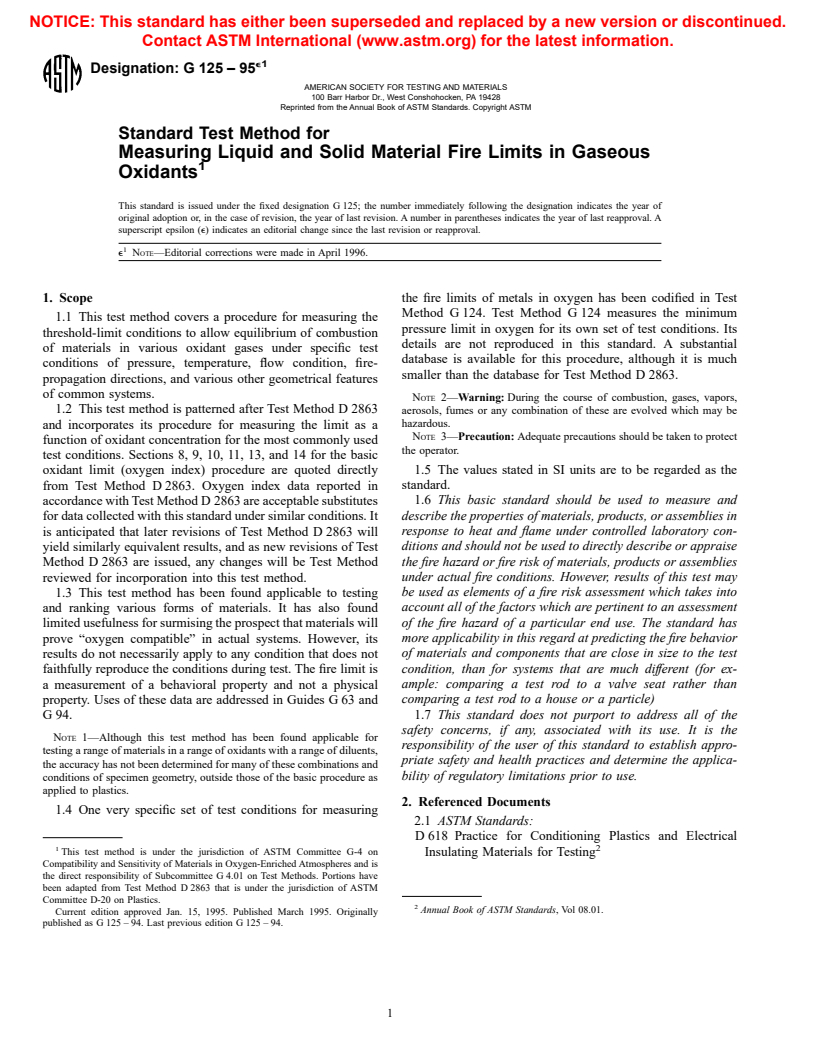 ASTM G125-95e1 - Standard Test Method for Measuring Liquid and Solid Material Fire Limits in Gaseous Oxidants