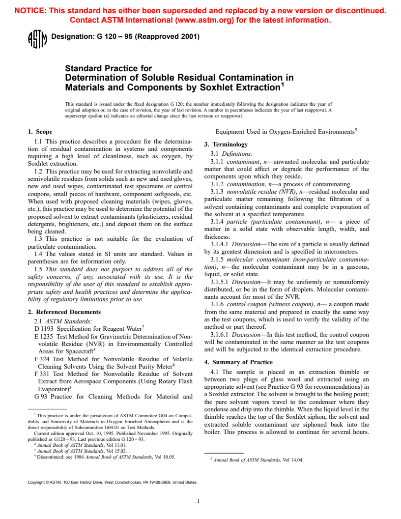 ASTM G120-95(2001) - Standard Practice for Determination of Soluble Residual Contamination in by Soxhlet Extraction