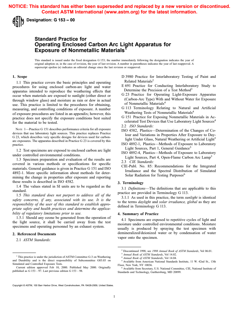 ASTM G153-00 - Standard Practice for Operating Enclosed Carbon Arc Light Apparatus for Exposure of Nonmetallic Materials