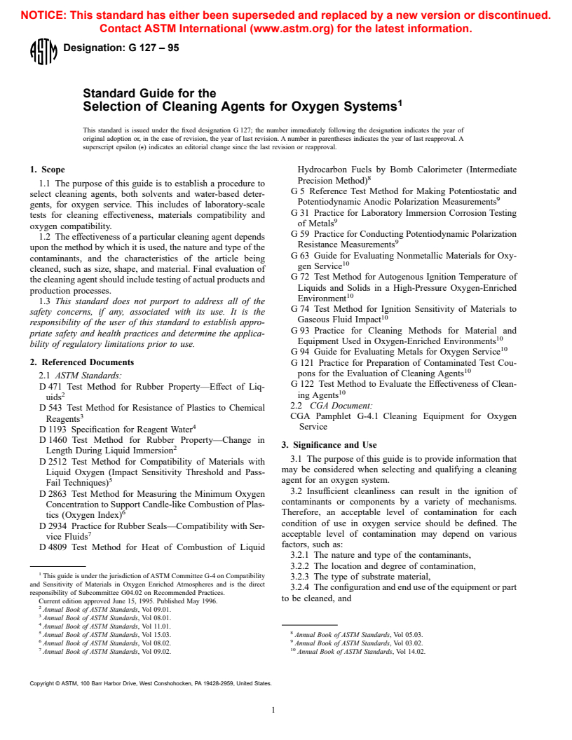 ASTM G127-95 - Standard Guide for the Selection of Cleaning Agents for Oxygen Systems