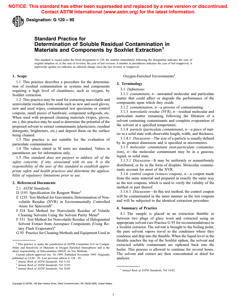 ASTM G120-95 - Standard Practice for Determination of Soluble Residual Contamination in by Soxhlet Extraction