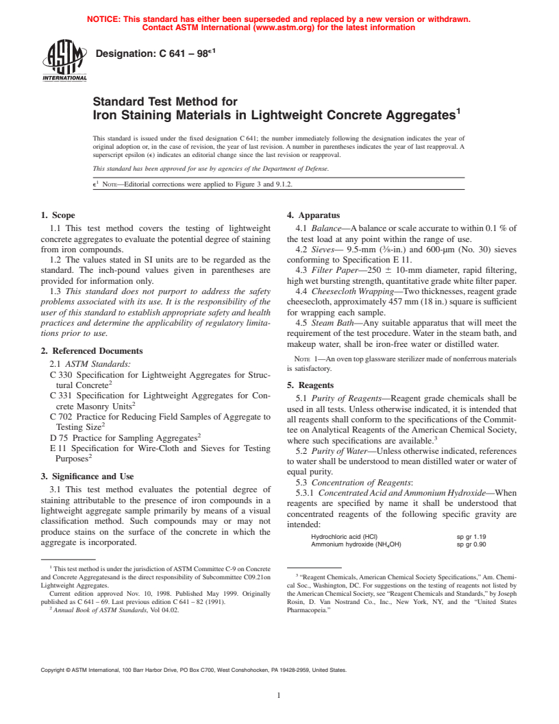 ASTM C641-98e1 - Standard Test Method for Staining Materials in Lightweight Concrete Aggregates