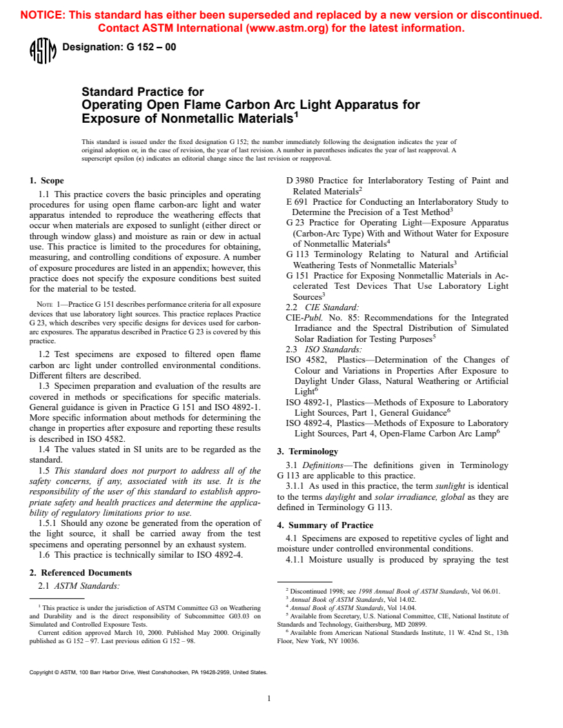 ASTM G152-00 - Standard Practice for Operating Open Flame Carbon Arc Light Apparatus for Exposure of Nonmetallic Materials