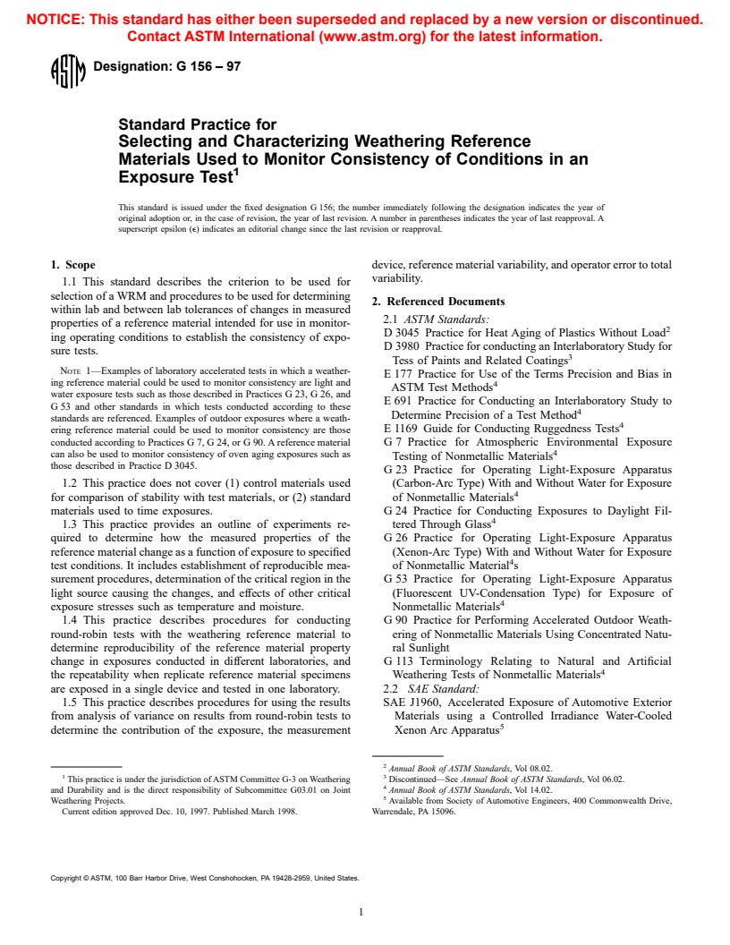 ASTM G156-97 - Standard Practice for Selecting and Characterizing Weathering Reference Materials Used to Monitor Consistency of Conditions in an Exposure Test