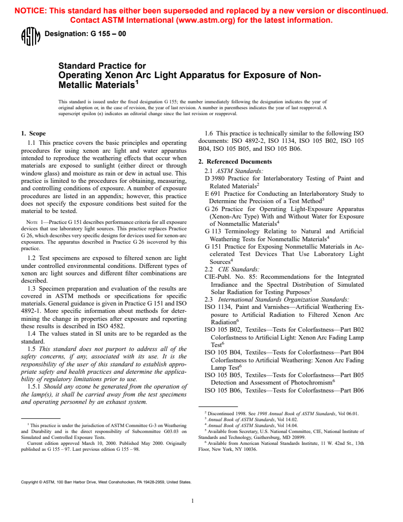 ASTM G155-00 - Standard Practice for Operating Xenon Arc Light Apparatus for Exposure of Non-Metallic Materials