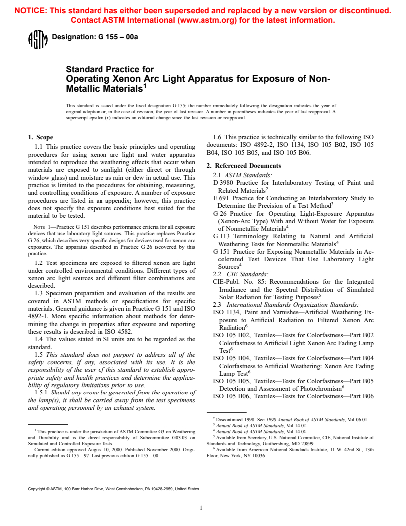 ASTM G155-00a - Standard Practice for Operating Xenon Arc Light Apparatus for Exposure of Non-Metallic Materials