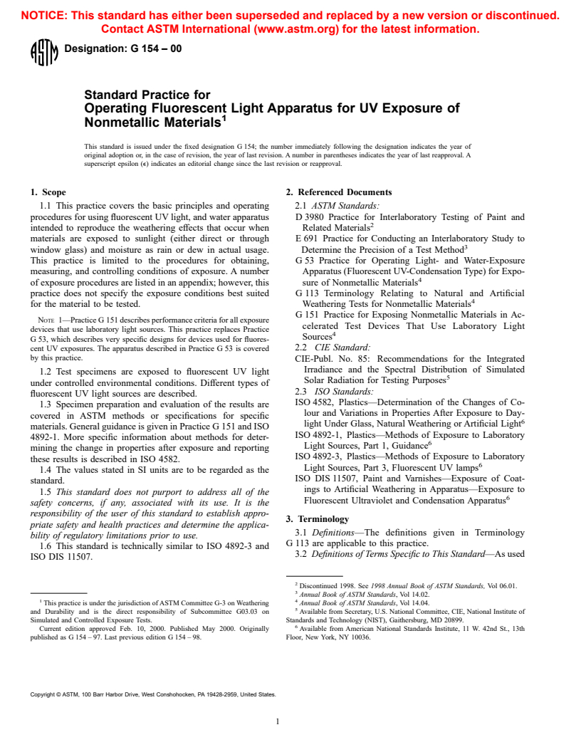 ASTM G154-00 - Standard Practice for Operating Fluorescent Light Apparatus for UV Exposure of Nonmetallic Materials