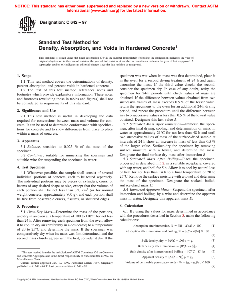 ASTM C642-97 - Standard Test Method for Density, Absorption, and Voids in Hardened Concrete