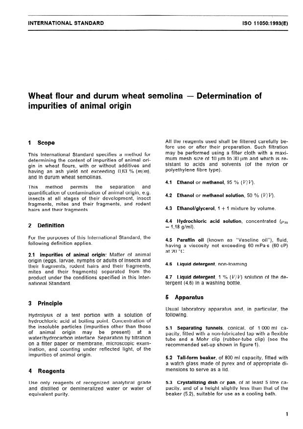 ISO 11050:1993 - Wheat flour and durum wheat semolina -- Determination of impurities of animal origin