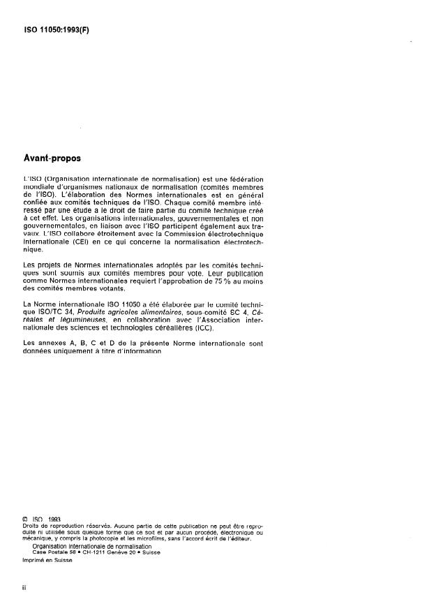 ISO 11050:1993 ISO 11050:1993 - Farines de blé tendre et semoules de blé dur -- Détermination des impuretés d'origine animale - Page 2 preview