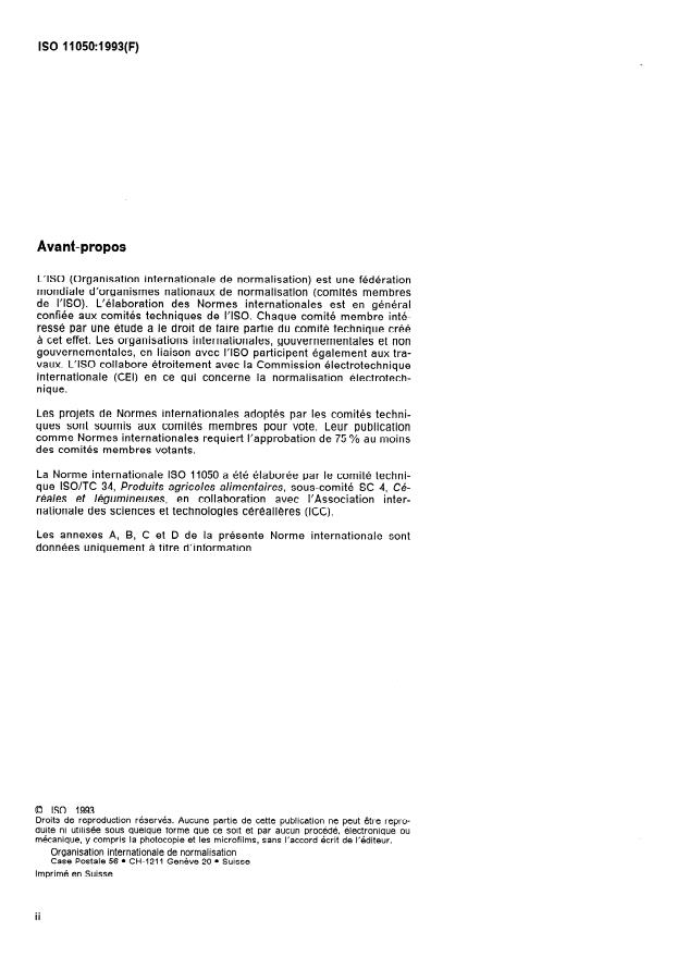 ISO 11050:1993 ISO 11050:1993 - Farines de blé tendre et semoules de blé dur -- Détermination des impuretés d'origine animale - Page 2 preview