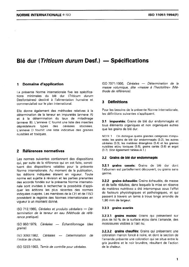 ISO 11051:1994 - Blé dur (Triticum durum Desf.) -- Spécifications