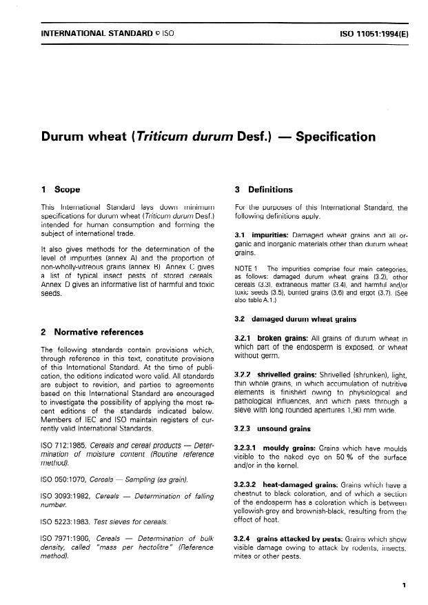 ISO 11051:1994 - Durum wheat (Triticum durum Desf.) -- Specification