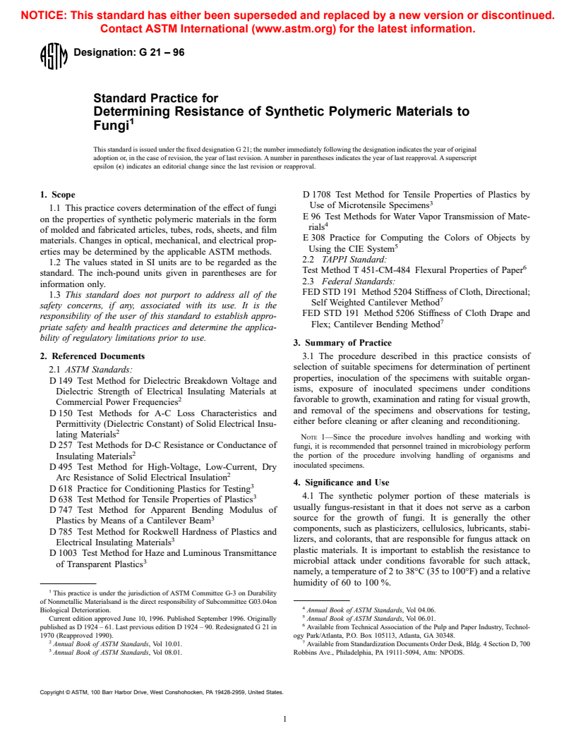 ASTM G21-96 - Standard Practice for Determining Resistance of Synthetic Polymeric Materials to Fungi