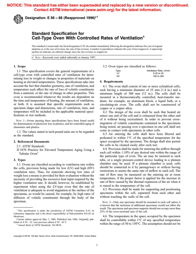 ASTM E95-68(1996)e1 - Standard Specification for Cell-Type Oven With Controlled Rates of Ventilation