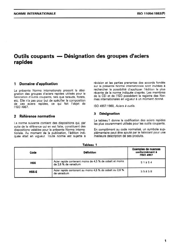 ISO 11054:1993 - Outils coupants -- Désignation des groupes d'aciers rapides