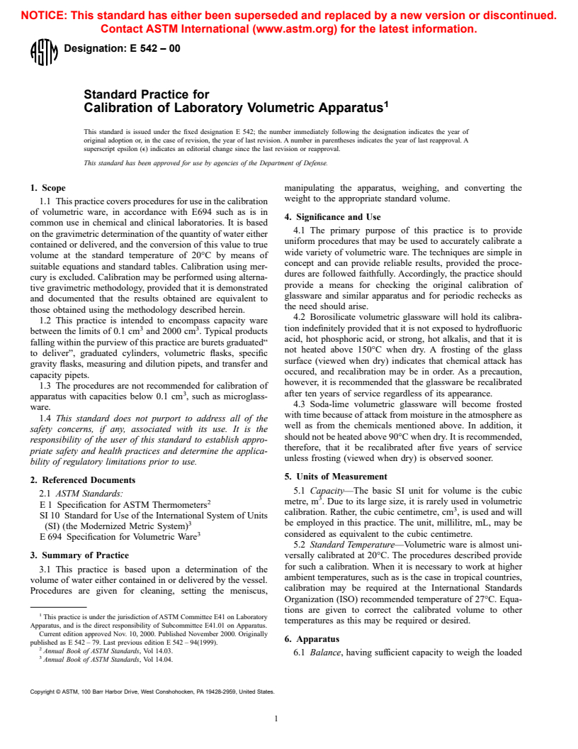 ASTM E542-00 - Standard Practice for Calibration of Laboratory Volumetric Apparatus