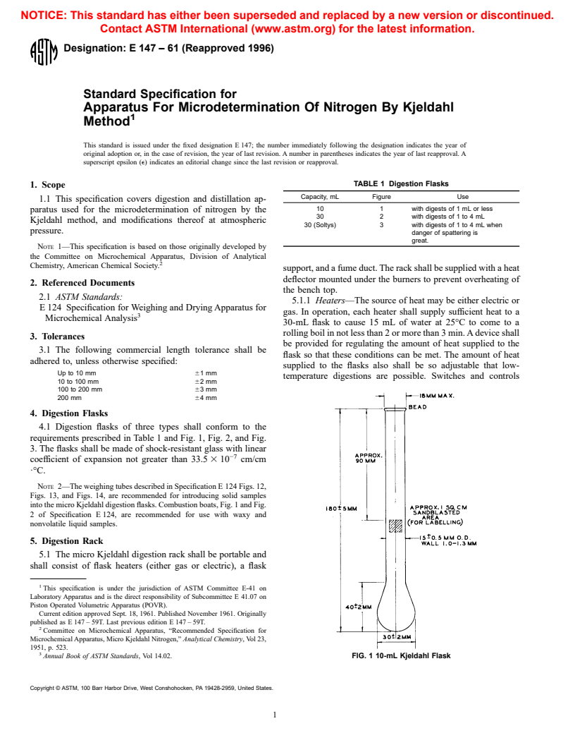 ASTM E147-61(1996) - Standard Specification for Apparatus For Microdetermination Of Nitrogen By Kjeldahl Method