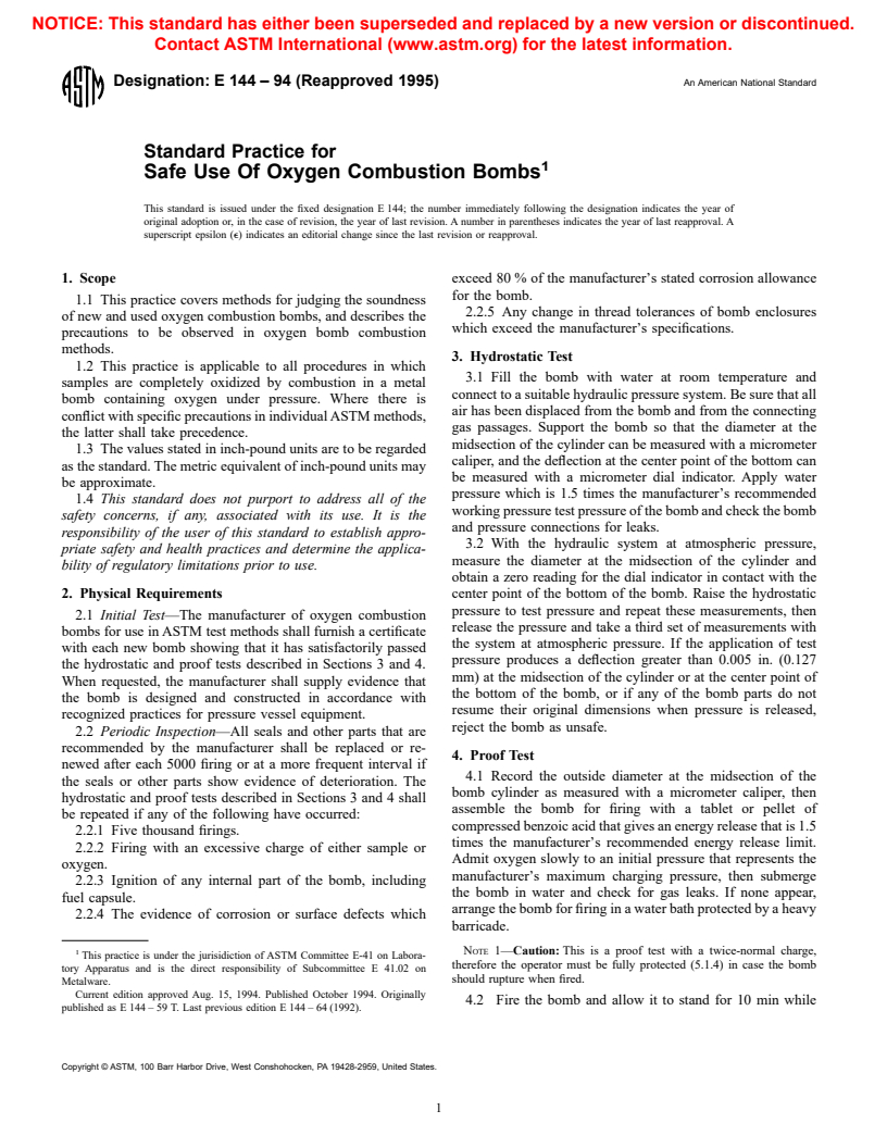 ASTM E144-94(1995) - Standard Practice for Safe Use Of Oxygen Combustion Bombs