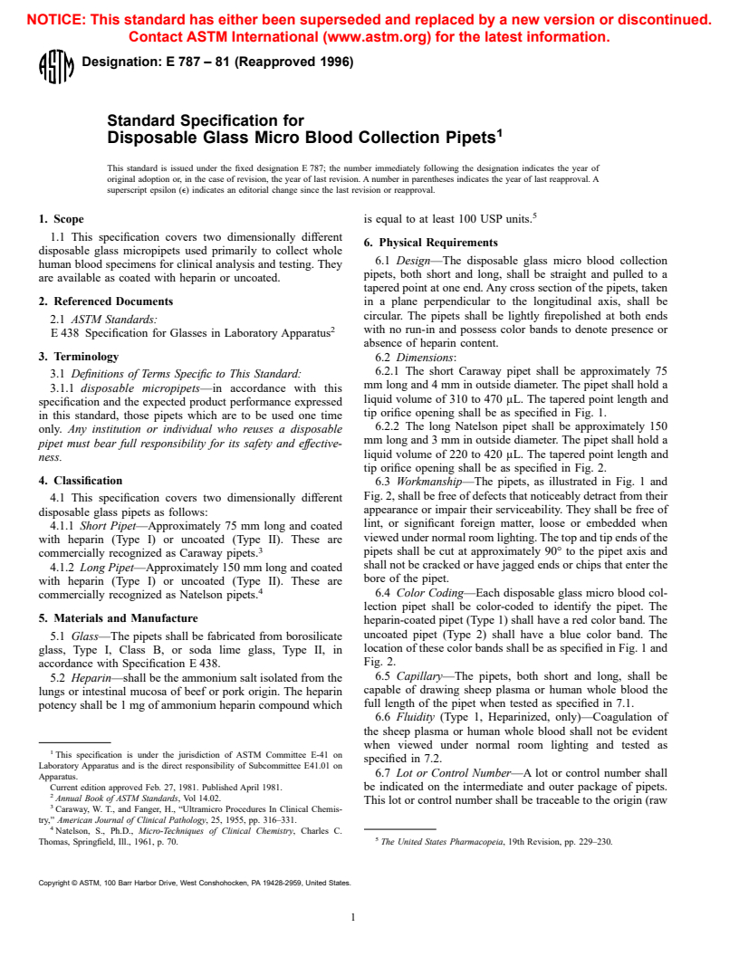 ASTM E787-81(1996) - Standard Specification for Disposable Glass Micro Blood Collection Pipets
