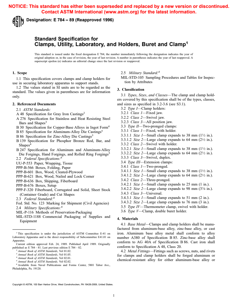 ASTM E784-89(1996) - Standard Specification for Clamps, Utility, Laboratory, and Holders, Buret and Clamp