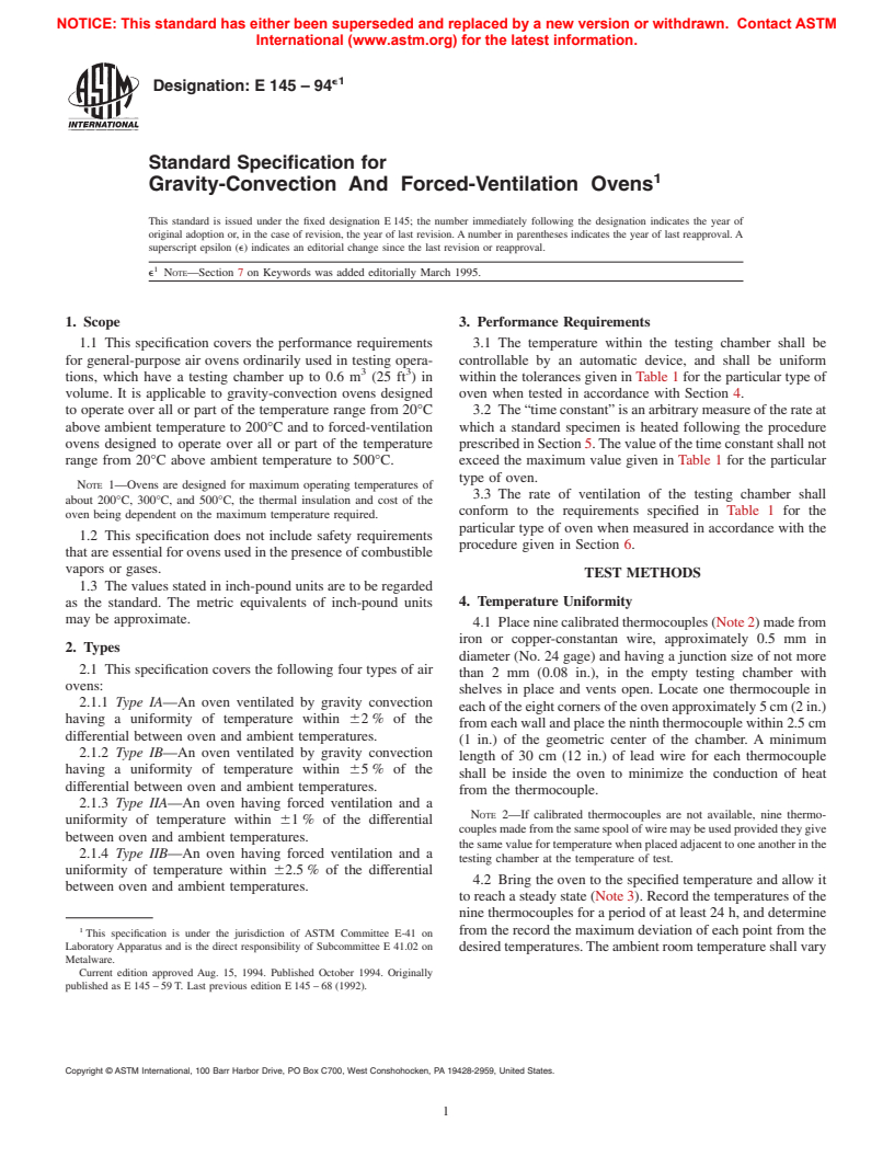 ASTM E145-94e1 - Standard Specification for Gravity-Convection And Forced-Ventilation Ovens